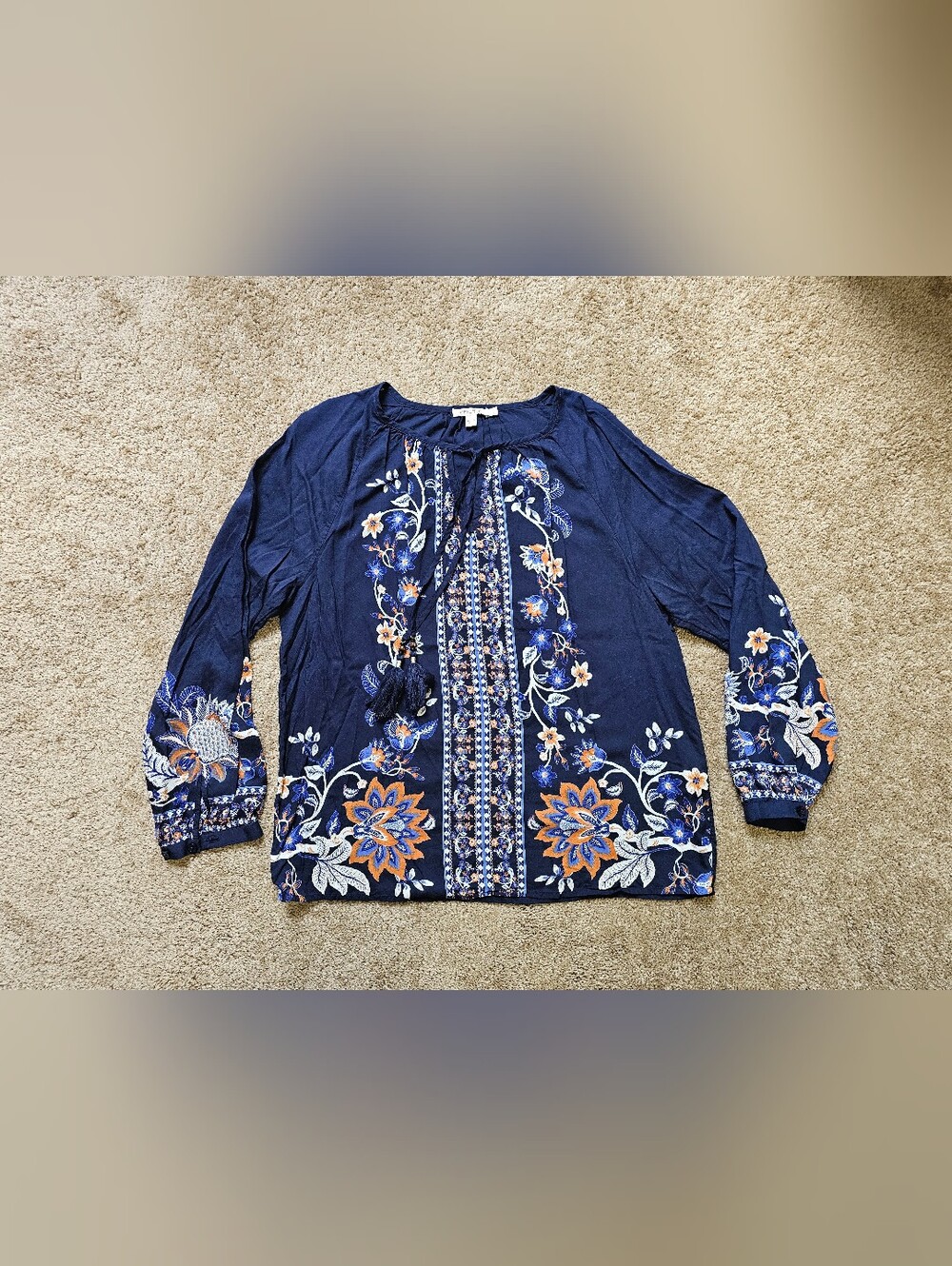 Chico's Navy Embroidered Floral Tunic with Orange Accents